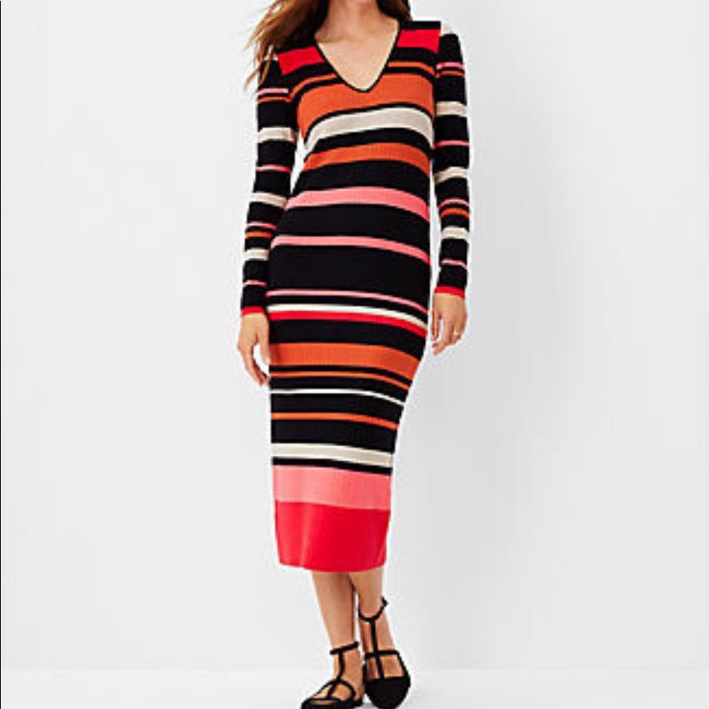 Ann Taylor Black Multicolor Striped V-Neck Midi Sweater Dress